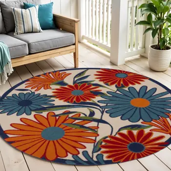 5' Ivory Blue And Orange Round Floral Indoor Outdoor Area Rug