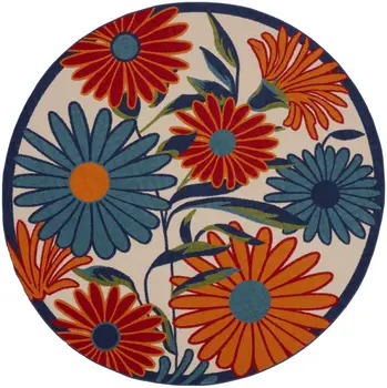 4' Ivory Blue And Orange Round Floral Indoor Outdoor Area Rug
