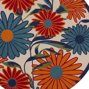 4' Ivory Blue And Orange Round Floral Indoor Outdoor Area Rug