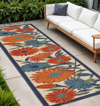 12' Ivory Blue And Orange Floral Indoor Outdoor Runner Rug
