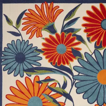 10' X 14' Ivory Blue And Orange Floral Indoor Outdoor Area Rug