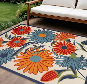 10' X 14' Ivory Blue And Orange Floral Indoor Outdoor Area Rug