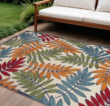 10' X 14' Ivory Yellow Orange Green And Blue Palm Leaf Indoor Outdoor Area Rug
