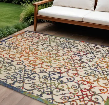 10' X 14' Ivory Blue Orange Green And Red Medallion Indoor Outdoor Area Rug