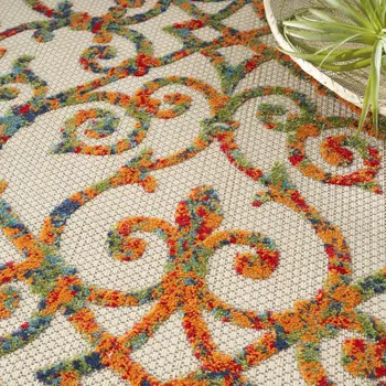 10' X 14' Ivory Blue Orange Green And Red Medallion Indoor Outdoor Area Rug