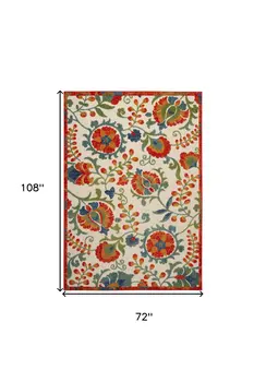 6' X 9' Red Gold Green And Teal Blue Floral Indoor Outdoor Area Rug