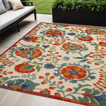 5' X 8' Red Gold Green And Teal Blue Floral Indoor Outdoor Area Rug
