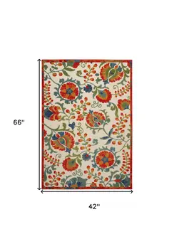 4' X 6' Red Gold Green And Teal Blue Floral Indoor Outdoor Area Rug