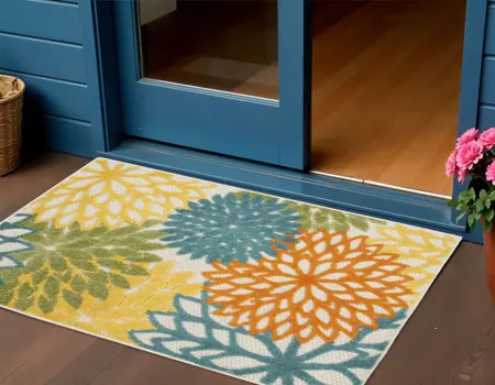 3' X 5' Turquoise Yellow Orange And Blue Floral Indoor Outdoor Area Rug