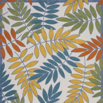 10' X 14' Ivory Blue Orange And Green Palm Leaf Indoor Outdoor Area Rug
