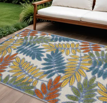 10' X 14' Ivory Blue Orange And Green Palm Leaf Indoor Outdoor Area Rug