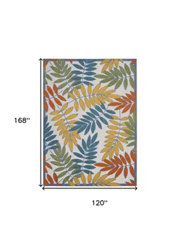 10' X 14' Ivory Blue Orange And Green Palm Leaf Indoor Outdoor Area Rug