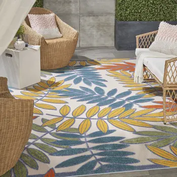10' X 14' Ivory Blue Orange And Green Palm Leaf Indoor Outdoor Area Rug