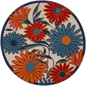 10' Ivory Blue And Orange Round Floral Indoor Outdoor Area Rug
