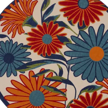 10' Ivory Blue And Orange Round Floral Indoor Outdoor Area Rug