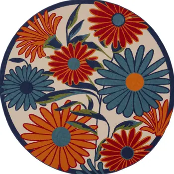 10' Ivory Blue And Orange Round Floral Indoor Outdoor Area Rug
