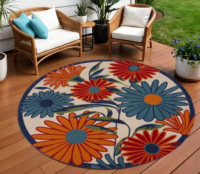 10' Ivory Blue And Orange Round Floral Indoor Outdoor Area Rug