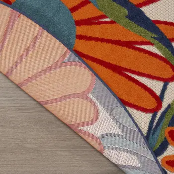 10' Ivory Blue And Orange Round Floral Indoor Outdoor Area Rug