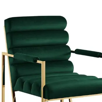 Set of Two Tufted Hunter Green And Gold Upholstered Velvet Dining Arm Chairs