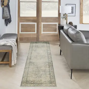10' Blue And Ivory Floral Medallion Distressed Washable Runner Rug