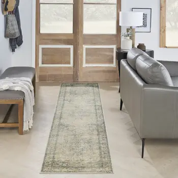 10' Blue And Ivory Floral Medallion Distressed Washable Runner Rug