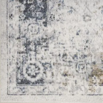 7' X 9' Blue and Ivory Floral Medallion Power Loom Distressed Washable Area Rug