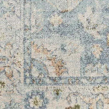 8' X 10' Blue and Ivory Floral Medallion Power Loom Distressed Washable Area Rug