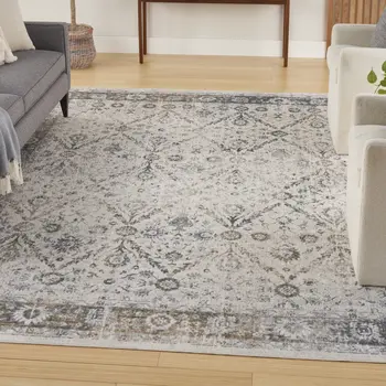 8' X 10' Blue and Ivory Floral Medallion Power Loom Distressed Washable Area Rug