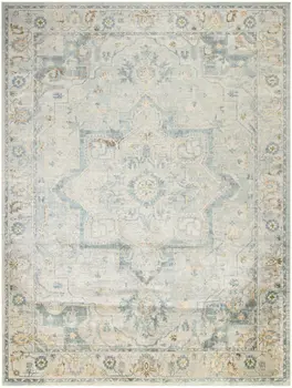 8' X 10' Blue and Ivory Floral Medallion Power Loom Distressed Washable Area Rug