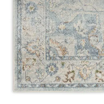 9' X 12' Blue and Ivory Floral Medallion Power Loom Distressed Washable Area Rug