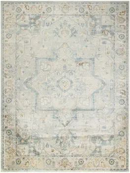 9' X 12' Blue and Ivory Floral Medallion Power Loom Distressed Washable Area Rug