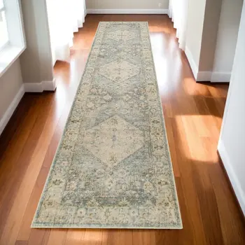 10' Blue And Silver Floral Medallion Distressed Washable Runner Rug