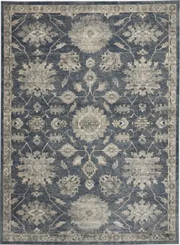 9' X 12' Beige and Blue Floral Medallion Power Loom Area Rug