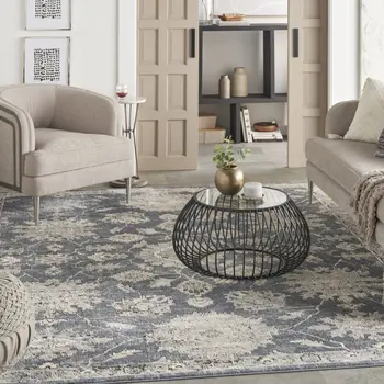 9' X 12' Beige and Blue Floral Medallion Power Loom Area Rug