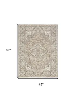 4' X 6' Beige and Ivory Medallion Power Loom Distressed Area Rug