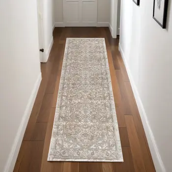 8' Beige And Ivory Medallion Distressed Runner Rug