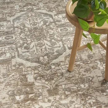 5' X 7' Beige and Ivory Medallion Power Loom Distressed Area Rug