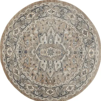10' Beige and Gray Round Medallion Power Loom Distressed Area Rug