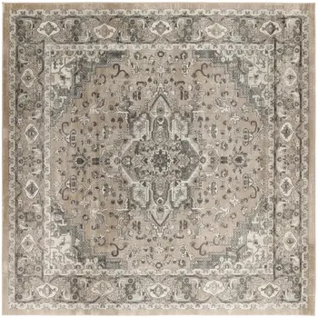 10' Beige and Gray Square Medallion Power Loom Distressed Area Rug