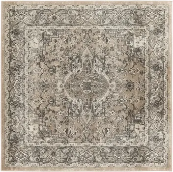 4' Beige and Gray Square Medallion Power Loom Distressed Area Rug