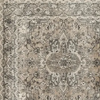 4' Beige and Gray Square Medallion Power Loom Distressed Area Rug