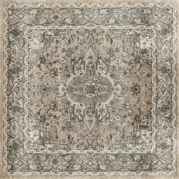 4' Beige and Gray Square Medallion Power Loom Distressed Area Rug