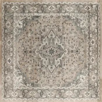 8' Beige and Gray Square Medallion Power Loom Distressed Area Rug