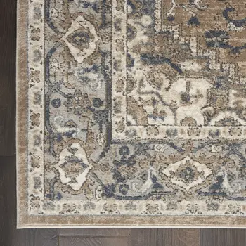 8' Beige and Gray Square Medallion Power Loom Distressed Area Rug