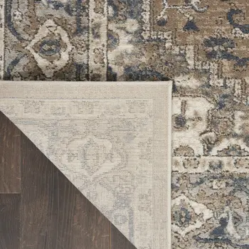 8' Beige and Gray Square Medallion Power Loom Distressed Area Rug