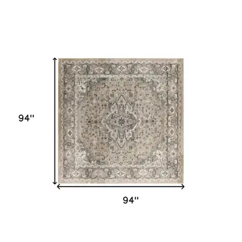 8' Beige and Gray Square Medallion Power Loom Distressed Area Rug