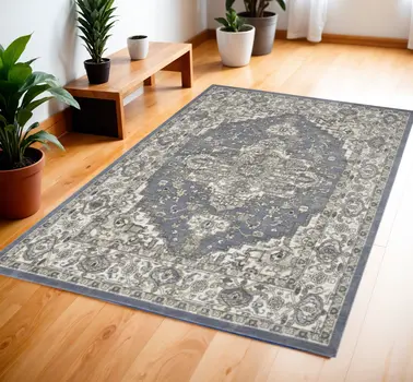4' X 6' Blue and Ivory Medallion Power Loom Distressed Area Rug
