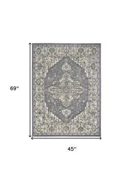 4' X 6' Blue and Ivory Medallion Power Loom Distressed Area Rug