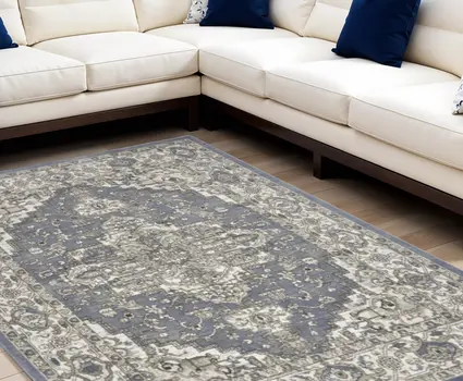 8' X 10' Blue and Ivory Medallion Power Loom Distressed Area Rug