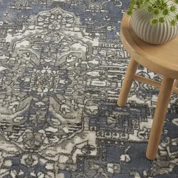 8' X 10' Blue and Ivory Medallion Power Loom Distressed Area Rug